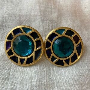 Xeja Vintage‎ Mosaic Blue Center Jeweled Pierced Earrings